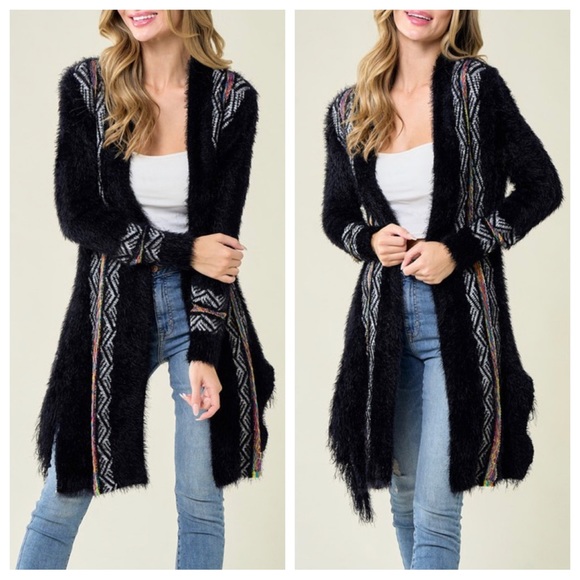 12 Aztec Rainbow Long Sleeve Open Drape Cardigan Southwestern Fringe detail - Picture 4 of 5